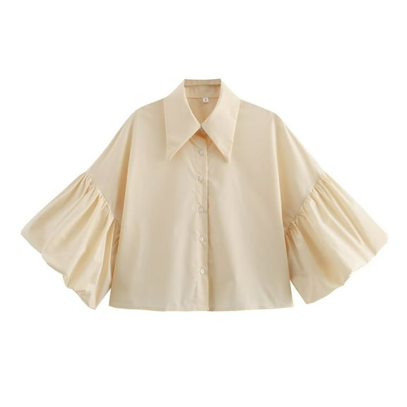 LADIGASU Women's Fashion Casual Solid Color Short Sleeve Turndown Collar Blouse
