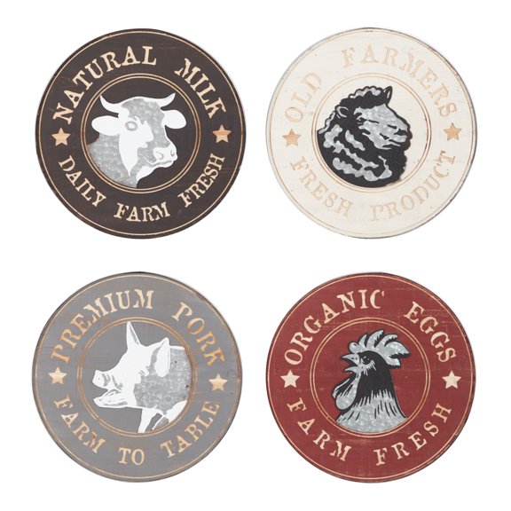 Decmode Farmhouse Wood and Metal Round Wall Art, Set of 4: 14" Each