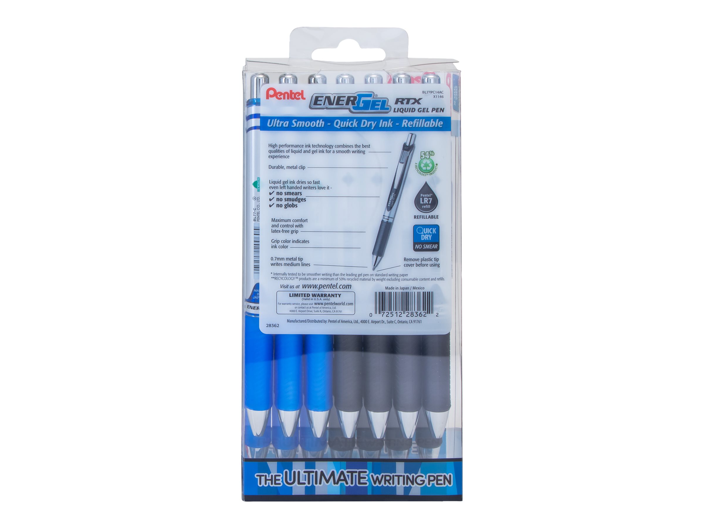 Pentel EnerGel RTX Retractable Gel Pen Medium Point 0.7mm Assorted Ink 14/Pack (BL77PC14AC)