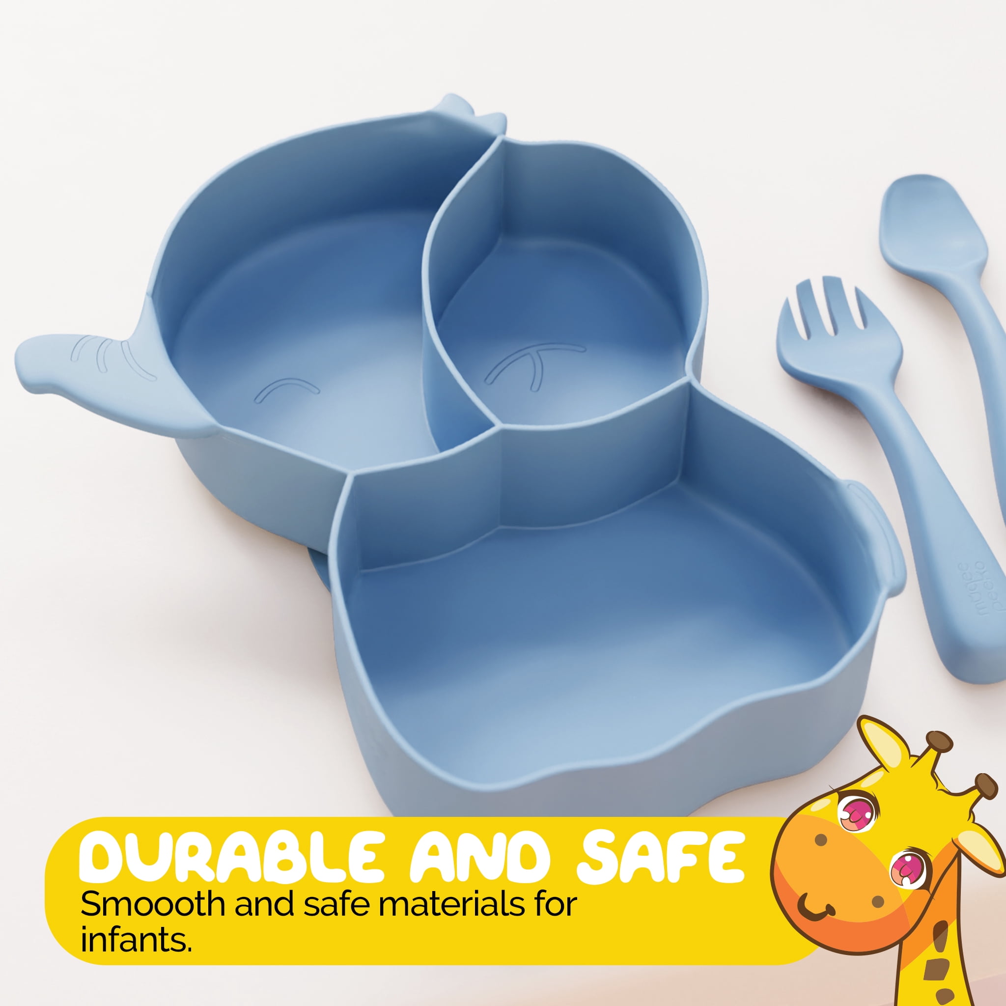 Baby Dinner Set in Blue color Cute Elephant Shape including Suction Tray and Utensils by Muqee Peeko - (3 Piece Set)