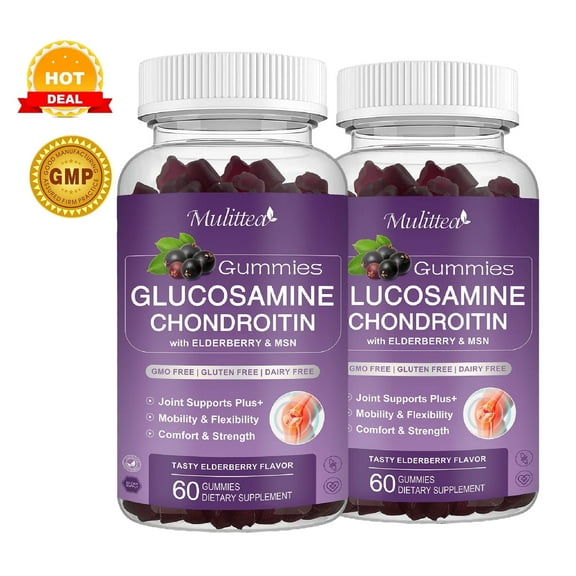 Mulittea Glucosamine Chondroitin Gummies - Extra Strength Joint Support Supplement with MSM & Elderberry for Natural Joint, Antioxidant Immune Support for Adults, Men & Women-(2 Pack)