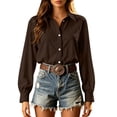 thumbnail image 2 of ClodeEU Women Lapel Long Sleeve Button Down Shirts,Casual Loose Blouse Brown,Women's Plus S, 2 of 9