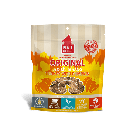 UPC: 0850002221404 | Plato Original Real Strips Turkey & Pumpkin Grain-Free Dog Treats 3 Oz.