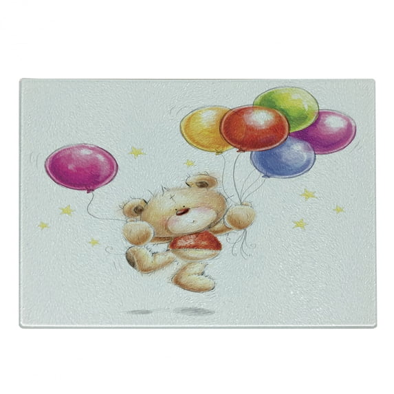 Cartoon Cutting Board, Teddy Bear Colorful Balloons and Stars Cheerful Love Friends Animal Cartoon Print, Decorative Tempered Glass Cutting and Serving Board, Small Size, Multicolor, by Ambesonne