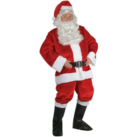 Plush Red Santa Suit - Star Power Santa Claus Plush Suit 6pc Costume, Red White Black, Adult Size
