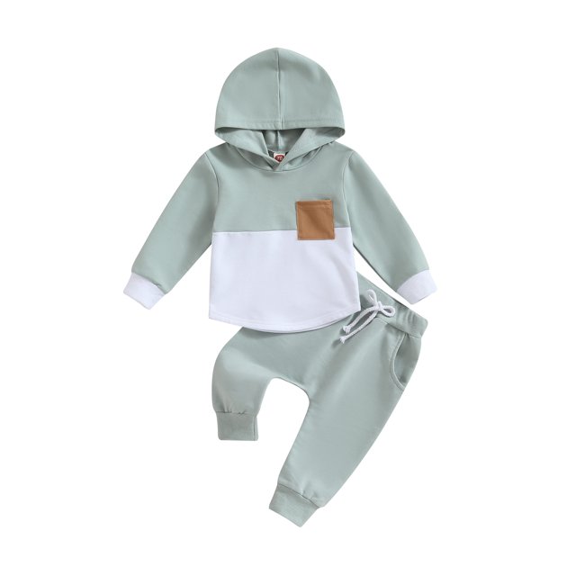 ZAXARRA Toddler Boy Autumn Clothes Contrast Color Patchwork Long Sleeve Hoodies Solid Color Pants 2Pcs Outfit
