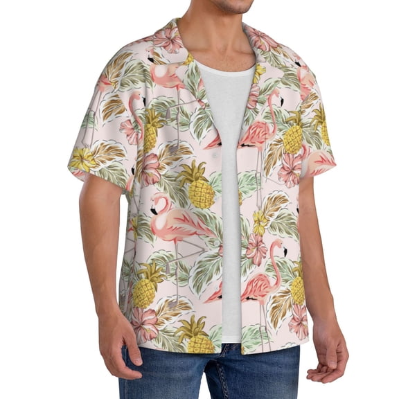 Picia Tropical Pink Flamingo Pineapple Men's Linen Shirts Short Sleeve Cuban Beach Shirts Casual Shirts Button Down Shirt for Men Beach Summer Wedding Shirt-