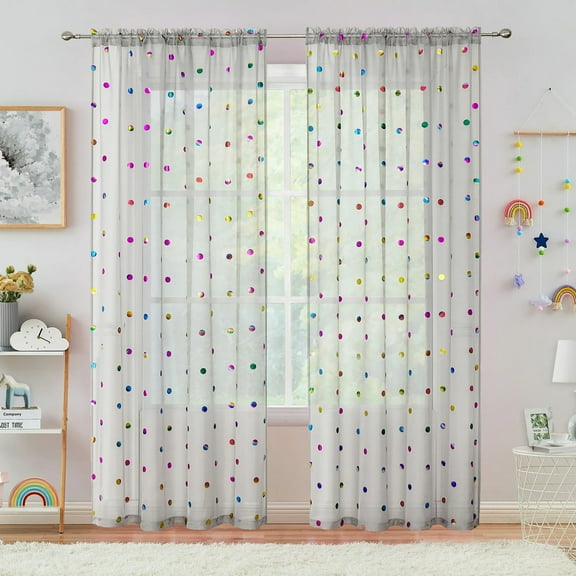Bazaahm Grey Sheer Curtain Panels Light Filtering for Kids Juvenile Bedroom Rod Pocket Colorful Metallic Polka Dot Printed Linen Drapes Set of 2, 84"L x 52"W
