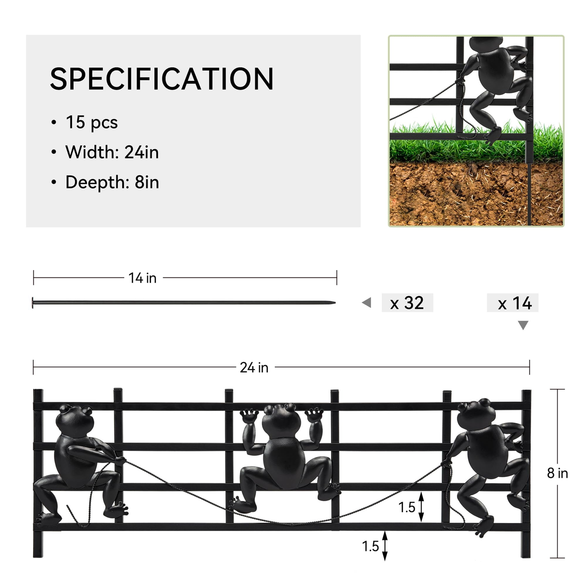 Decorative Garden Fence 15 Pack, 8in(H) X 24ft(L) Animal Barrier Border, Rustproof Metal Dogs Rabbits Fencing Panel for Outdoor Patio Garden Yard, Frog Shape