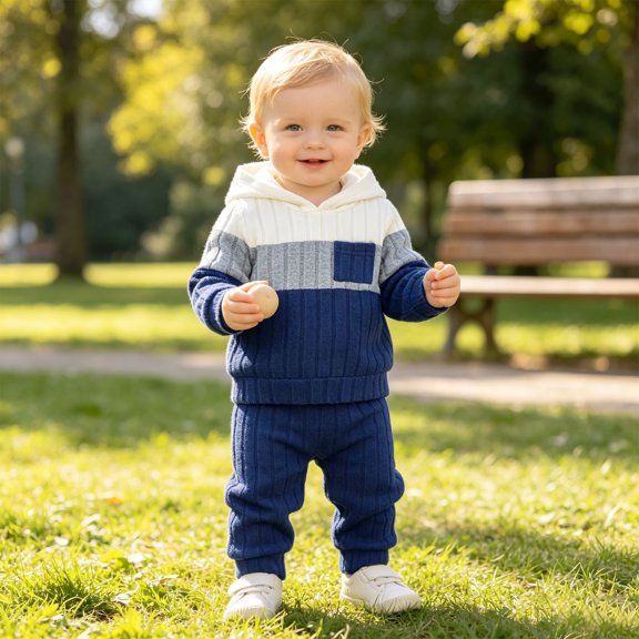 RUTAYY Boys 2 Piece Outfit Long Sleeve Hooded Top and Pants Color Block Design Casual Daywear Blue