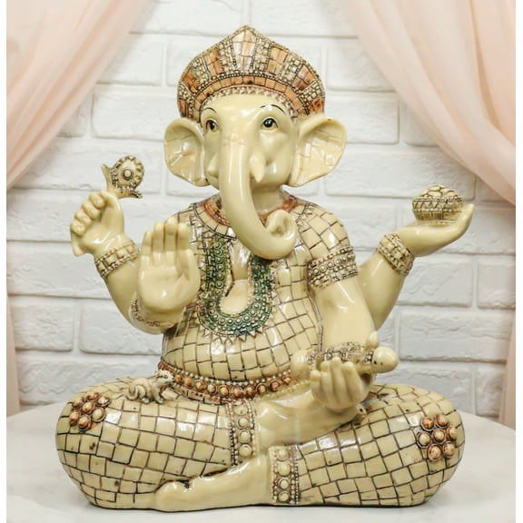 Ebros 11" Tall Hindu Ganesha in Meditation Holding Bowl Conch and Lotus Statue