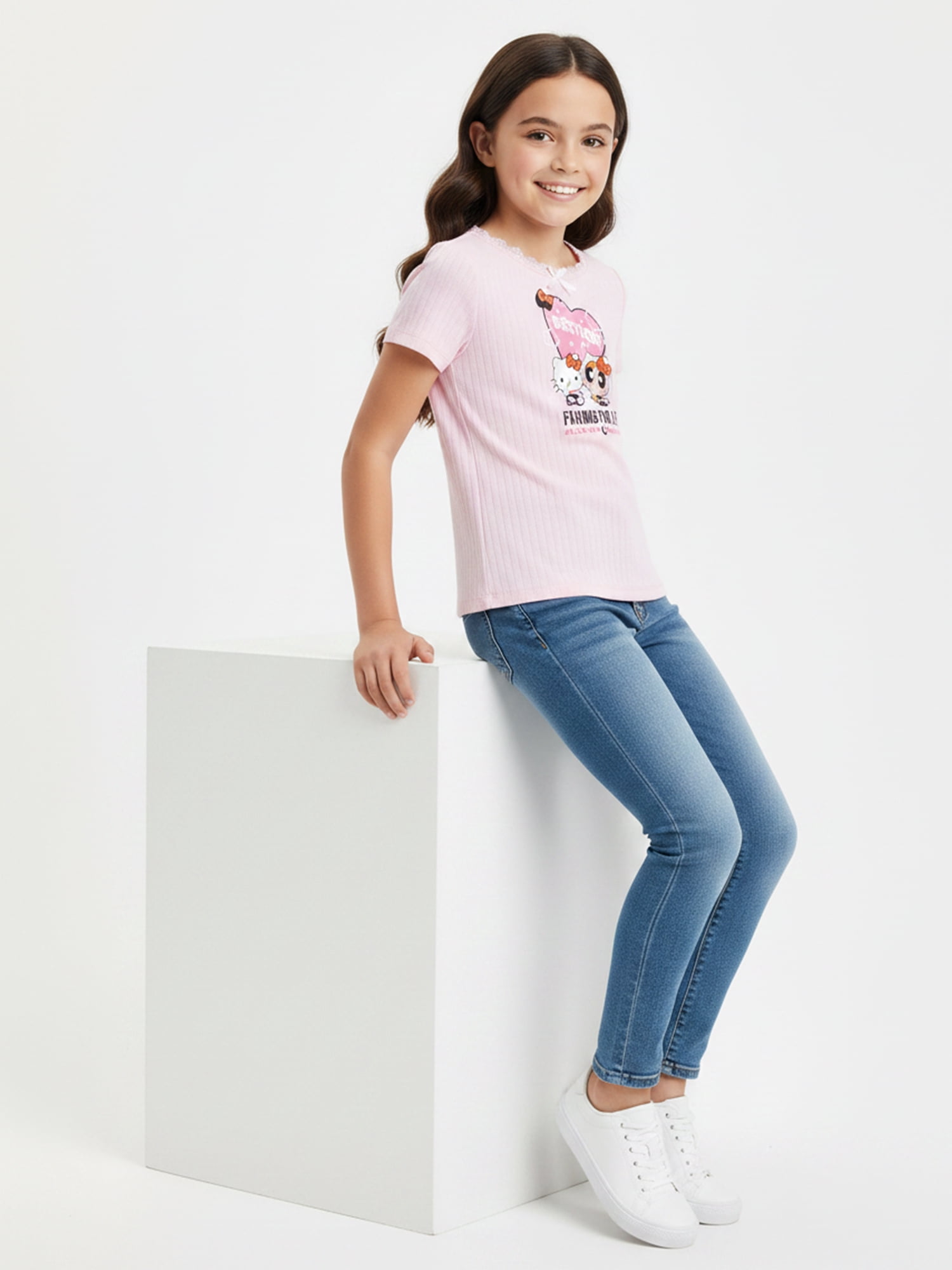 The Powerpuff Girls x Hello Kitty Besties for Life Girl’s Graphic Pointelle Knit Crewneck Tee with Short Sleeves, Sizes 4-16