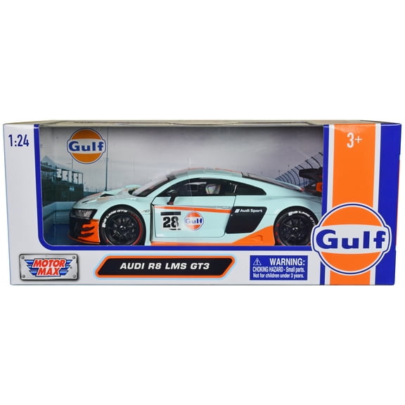Motormax 79667GULF 1 to 24 Scale Audi R8 LMS GT3 No.28 Light Blue with Orange Stripes Gulf Oil Gulf Die-Cast Collection Diecast Model Car