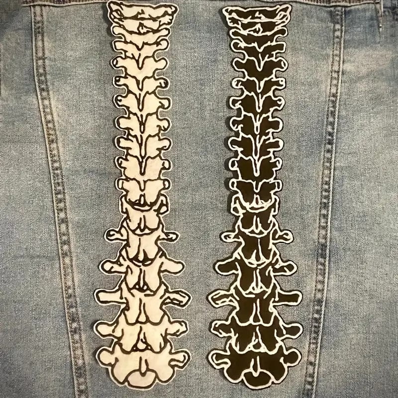 Large Spine Embroidered Patch - Black & White Gothic Punk Design, Oversized Iron-On Patch for Jeans, Bags, Jackets, Vests