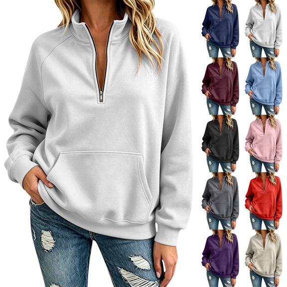 TZZQ Women Quarter Zip Pullover Sweatshirt Oversized Loose Fit Athletic Sweatshirt Casual Fashion Stand Collar Long Sleeve Pullover Hoodie Comfy Trendy Plus Size Relaxed Fit Sports Shirts Black L