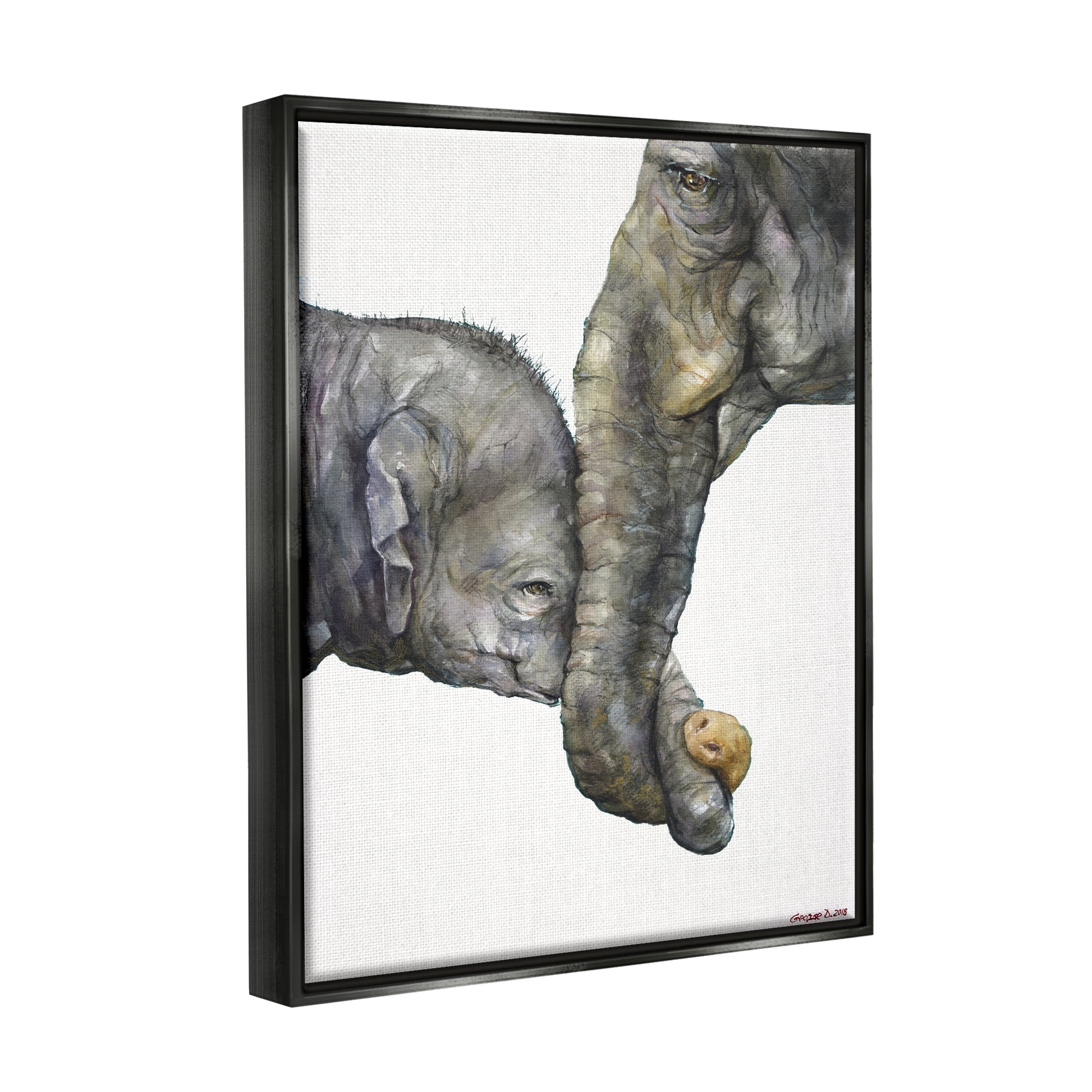 Stupell Industries Cute Baby Elephant Family Animal Watercolor Painting Jet Black Framed Floating Canvas Wall Art, 16x20, by George Dyachenko