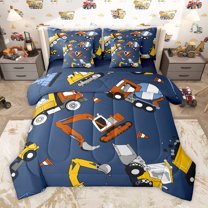 Homewish Cartoon Excavator 7-Piece Twin Bedding Sets,Construction Vehicles Bedding Comforter Set,Red Yellow Deepblue Sheet Sets For Teens Kid,Luxury Bedroom Decor Reversible