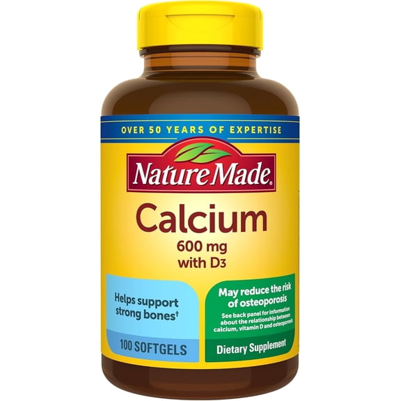 Nature Made Calcium 600 mg with Vitamin D3 Softgels, Dietary Supplement, 100 Count