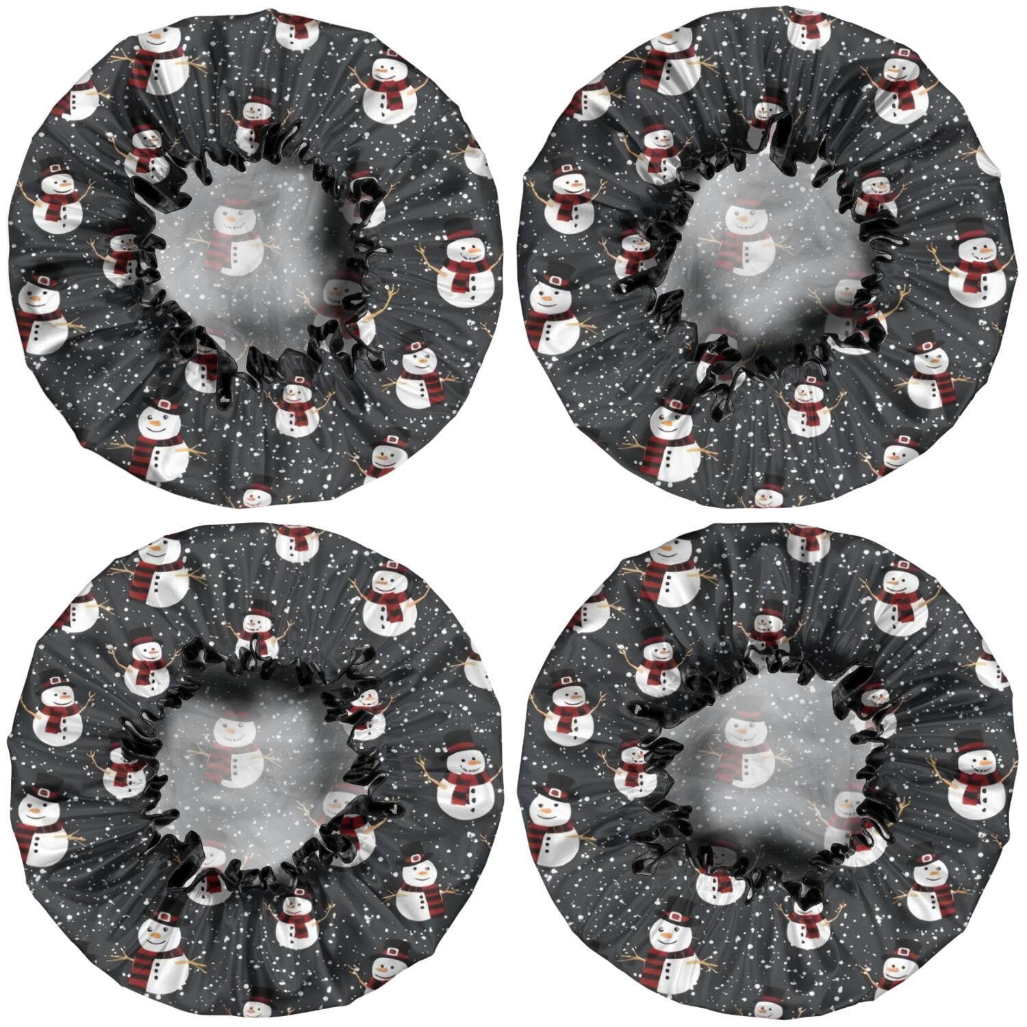 Shower Caps,Black Christmas Snowman Pattern Waterproof Shower Cap for Women 4 Pieces,Double Reusable Hair Cover for Shower PEVA Elastic Stretch Hem