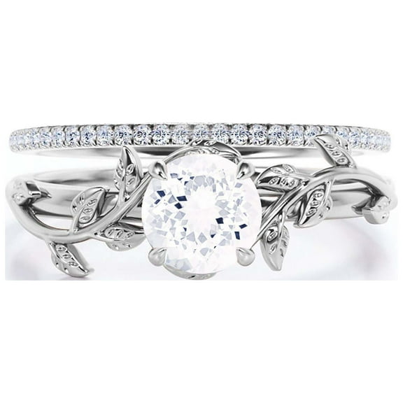 Vine Leaf Ring, Boho & hippie 1.50 Carat Round Cut Diamond Moissanite Engagement Ring, Wedding Ring in 925 Sterling Silver With 18k White Gold Plating, Gift, Promise Ring, Bridal Set, Matching Band