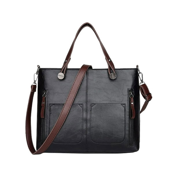 Bolso de mano de PU, bolso de hombro de mujer, bolso con múltiples bolsillos retro, correa larga de hombro cruzado negro