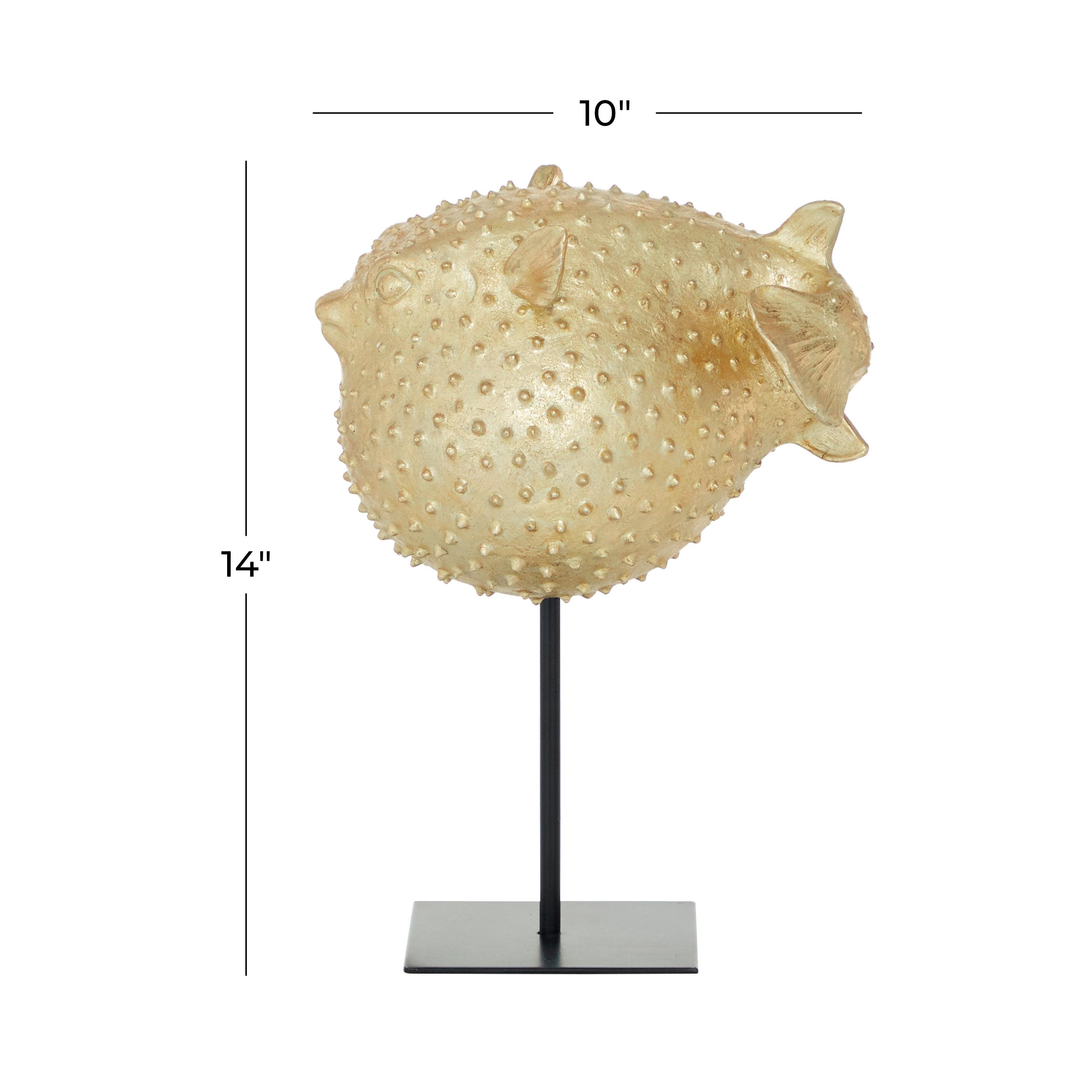 10" x 14" Gold Polyresin Handmade Spiked Blowfish Sculpture with Stand, by DecMode