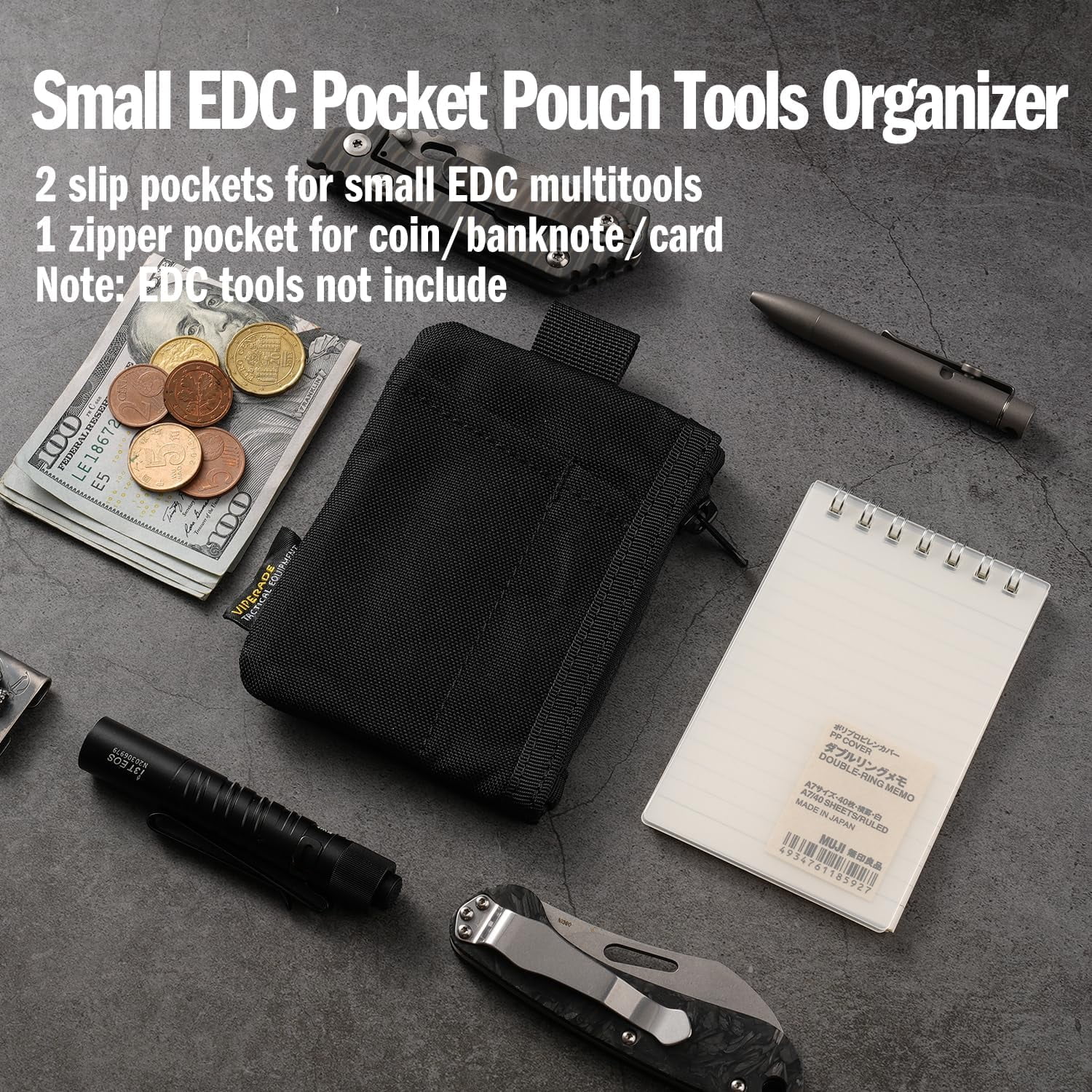 VIPERADE 6-in-1 EDC Pouch, 500D Compact EDC Pocket Organizer, Molle Extension Tool Storage Bag, Small Coin Purse/Card Holder/Swiss Army Knife Pocket Pouch (Black)