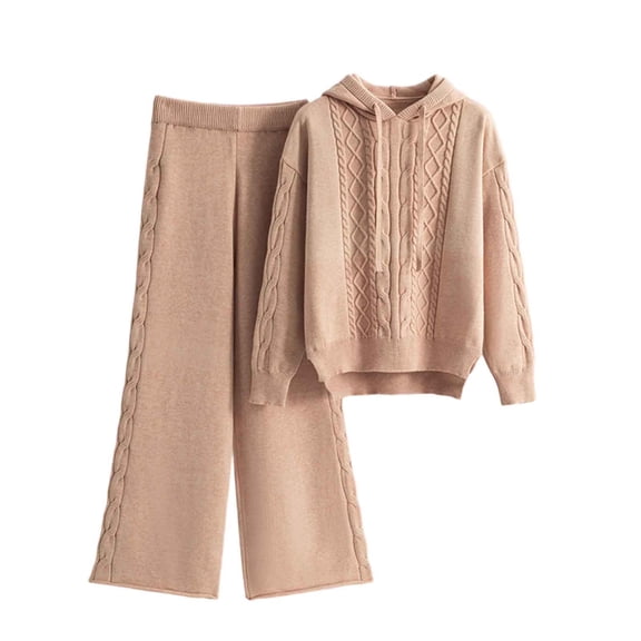 Xdegoge Sweater Sets for Women 2 Piece Cable Knit Pullover Hoodie and Wide Leg Pants Matching Outfit Long Sleeve Casual Loungewear Fall Winter Sweatsuits
