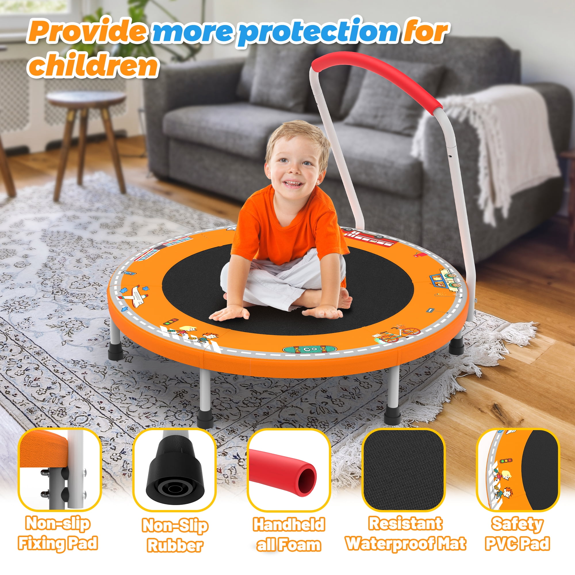 Mersco 36" Kids Trampoline for Toddlers,Indoor & Outdor Trampoline with Handle for 2+ Years Kids,Baby Toys Gifts for Boys Girls, Birthday, Orange