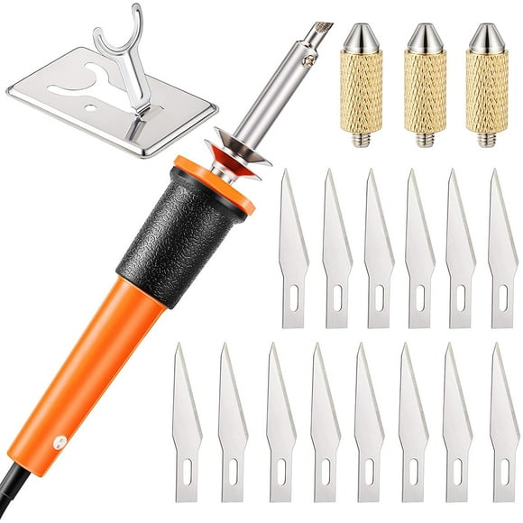 19-piece electric hot knife cutting tool, versatile hot knife cutter with metal stand, 14 blades, 3 chuck handles for carving (orange)