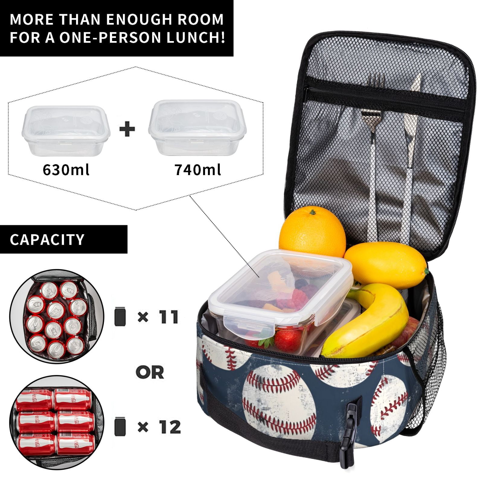 Lunch Bag For Women Men Insulated Portable Lunch Box Bento Box Office Picnic Travel Cooler Bag Vintage Baseball Theme Retro Sport Style Worn Leather Baseballs