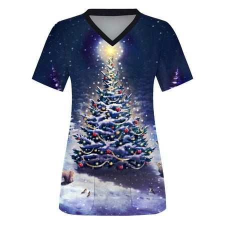 

Ovticza Women s Scrubs Christmas Graphic Print Nursing V Neck Scrub Tops Women Print Uniforms Short Sleeve with Pockets Petite Fall Scrubs for Plus Size Gray 2XL