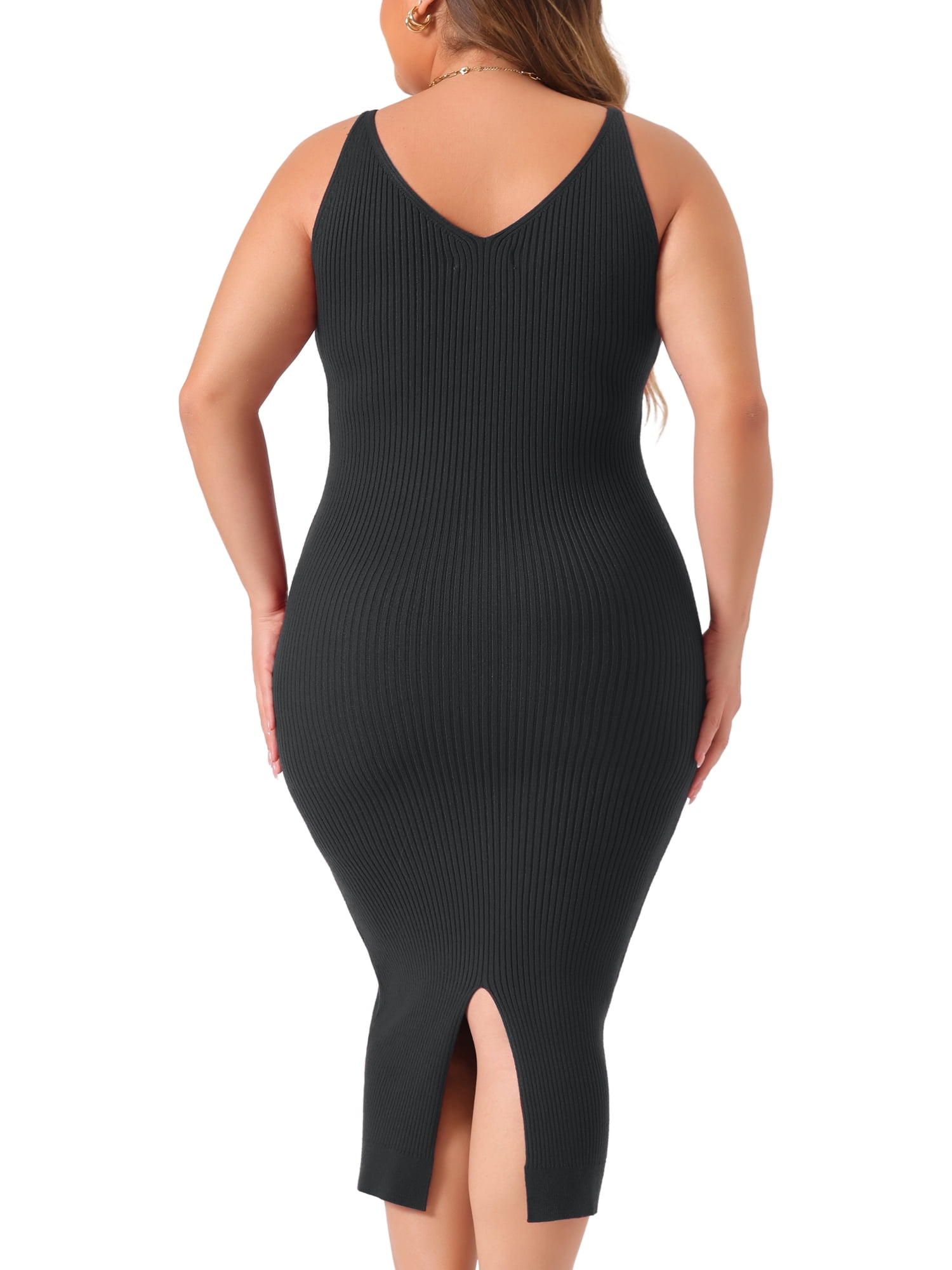 DARING DIVA Plus Size Sweater V Neck Ribbed Knit Bodycon Dress 1X Black