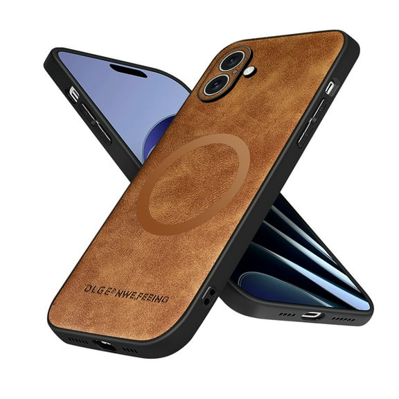 for iPhone 16 Premium PU Leather TPU Back Case, Magsafe Anti-Scratch Lightweight Ultra Slim Shockproof Protective Anti-Fall Business Phone Case for iPhone 16, Brown