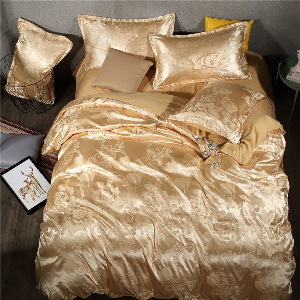 YLHHOME 4 Pcs Sheet Luxury Satin Jacquard Silk Sheets Solid Silk Bedspreads Bed Lace Duvet Cover