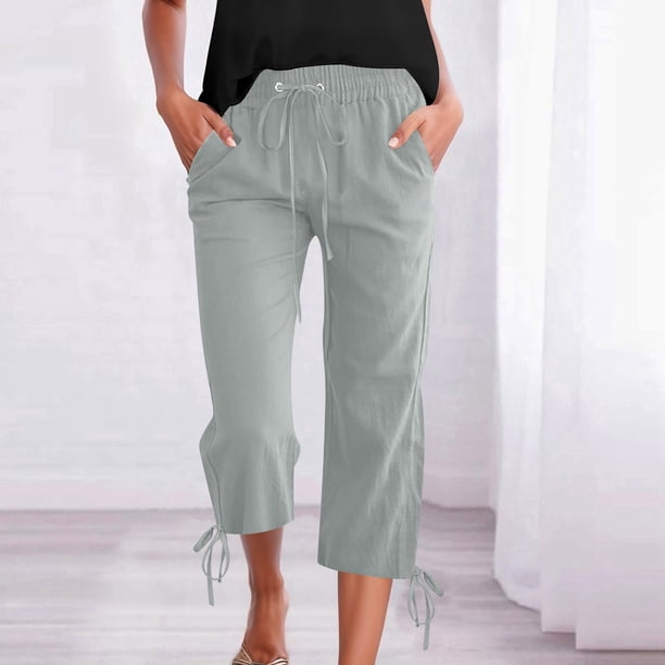 WILLBEST Pantalones Capri Casuales de Lino con Cordón Ajustable para Mujer, de Color Liso, Cómodos para Uso Diario. Grande