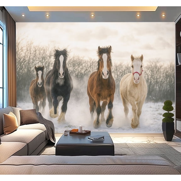 Peel and Stick Wallpaper Waterproof Beautiful big group Irish cob horses fowls running wild snow ground Wall Mural Decor Self Adhesive and Removable 100in x 144in