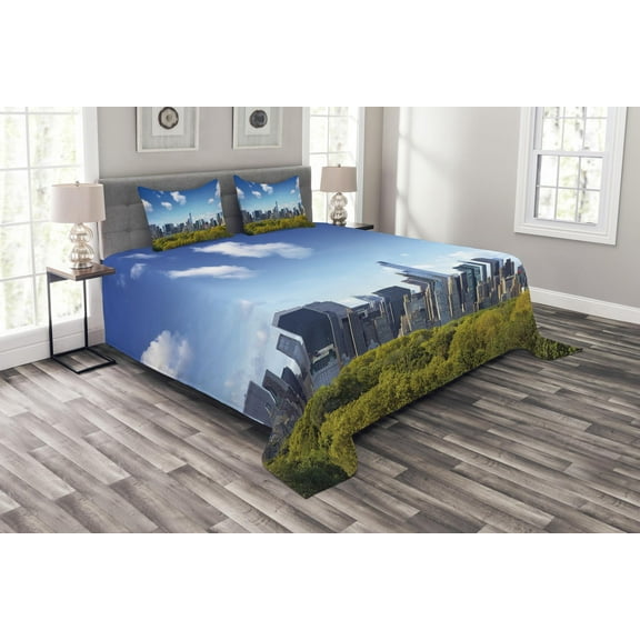 Ambesonne City Quilted Bedspread Set 3 Pcs, Central Park Midtown NYC, King Size, Blue Green Ivory