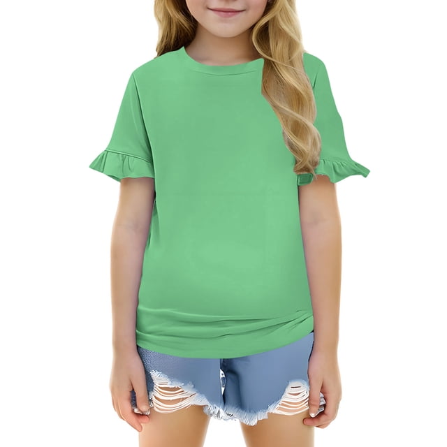 Mgmyaa T-Shirt à Manches Courtes pour Filles, Manches à Volants Mignonnes, Col Rond, Blouse d'Été Décontractée
