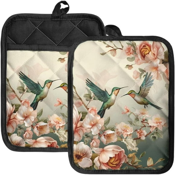 shiyou-Hummingbird Floral Pot Holders with Pocket Kitchen Heat Resistant Hot Pads Spring Birds 2 Pack Non-Slip Potholders Oven Mitts Kitchen Gloves Cooking Bag