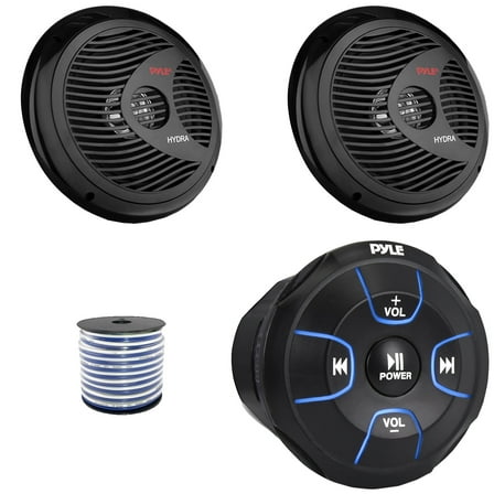 Pyle PLMRBT18 Bluetooth Audio Amplified Marine Waterproof Controller, Pyle PLMR80B 8'' 180 Watts Max Power Full Range Black Boat Stereo Speakers (1 Pair), 50 Feet 18 Gauge Speaker Wire