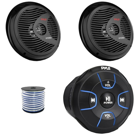 Pyle PLMRBT18 Bluetooth Audio Amplified Marine Waterproof Controller, Pyle PLMR80B 8'' 180 Watts Max Power Full Range Black Boat Stereo Speakers (1 Pair), 50 Feet 18 Gauge Speaker Wire