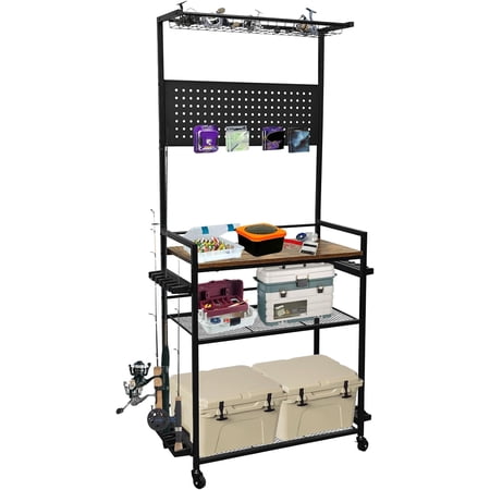 Garage Fishing Rod Storage Rack - 3 Tier Organizer for 12 Rods with Pegboard Hooks and Reel Storage Shelf
