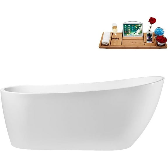 68" Streamline G-17-124-BNK Soaking Glossy White Freestanding Tub and Tray With Internal Drain in Brushed Nickel