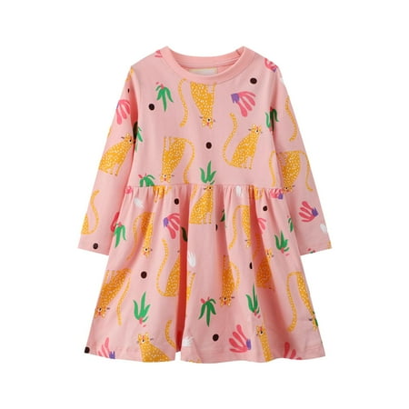 

Child Baby Girls Dress Cartoon Printed Long Sleeve O-Neck Cut Animal Appliques A-Line Flared Skater Cotton Outfit Sundress Comfortable Cozy Dresses