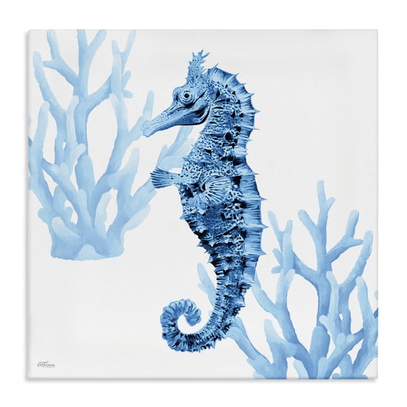 Stupell Industries Blue Tone Seahorse & Coral Animals Painting Wrapped Canvas Canvas Art Print Wall Art, 17 x 17