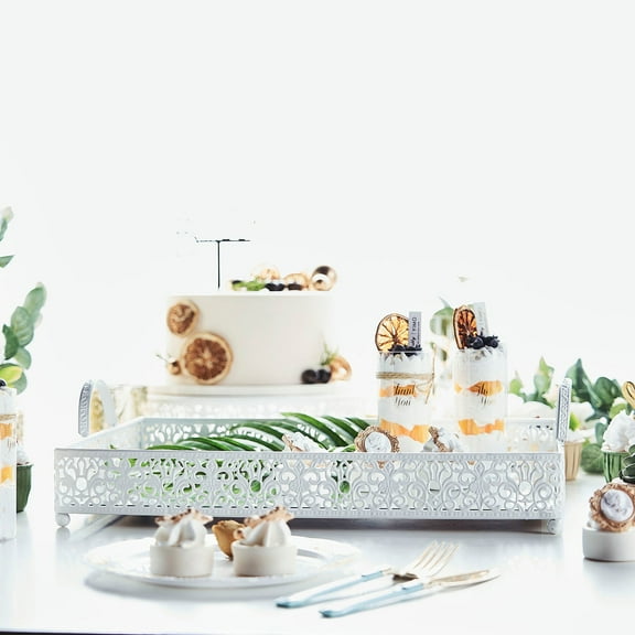 Efavormart 16"x12" Lace White Metal Decorative Serving Trays with Handles, Rectangle Mirrored Vanity Trays for Party, Wedding Tray, Kitchen Decoration, and Sweets Farmhouse Tray