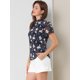 thumbnail image 4 of Blusa Floral De Gasa De Gasa Con Ojo De Cerradura En La Espalda De Manga Corta Con Volantes Para Mujer Azul oscuro S, 4 of 6