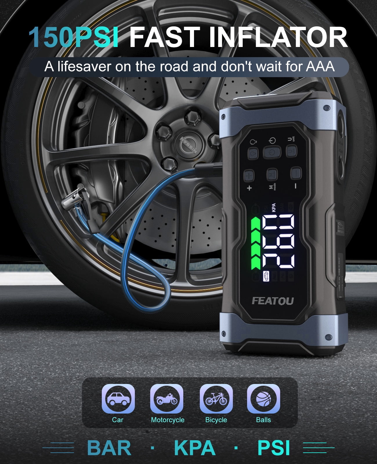 Featou High-Power 8500A Jump Starter with Air Compressor/Tire Inflator, 12V Jumper Box for Car(All Gas/12L Diesel), 9 in 1 Portable Jump Starter Power Pack