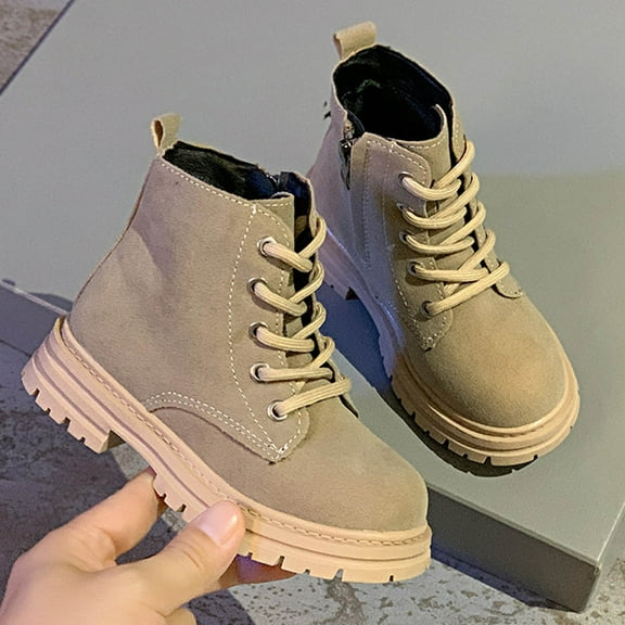 AUNVITO Girls Hiking Boots Anti-Slip Lace-Up Low-Cut Synthetic Leather Shoes 4-14Y British Style Winter Non-Skid Sole